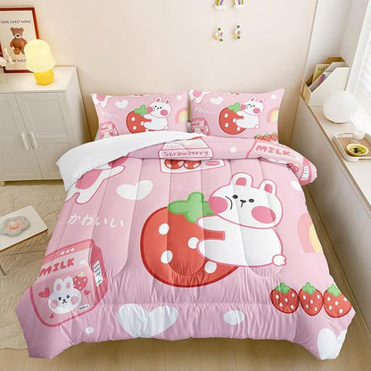 Strawberry Rabbit Comforter Set for Kids Teens Girls Women,Pink Bunny Kids Comforter,1 Comforter with 2 Pillowcase, Microfiber 3 Piece Bedding Set,for All Seasons(Pink，Twin Size)