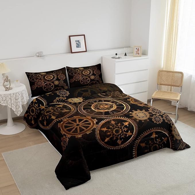 Golden Ndustrial Gear Comforter Set King Size Steampunk Style Bedding Set Clocks Theme Bedding Sets & Collections for Kids Boys Teens Men Mechanical Device Quilt Set,Retro Style Bedroom Decor