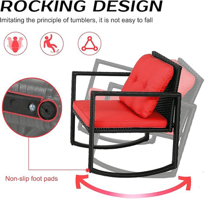 FDW 3 Piece Wicker Patio Furniture Sets Rocking Chair Outdoor Bistro Set Patio Set Rattan Chair Conversation Set with Porch Chairs and Coffee Table,Red