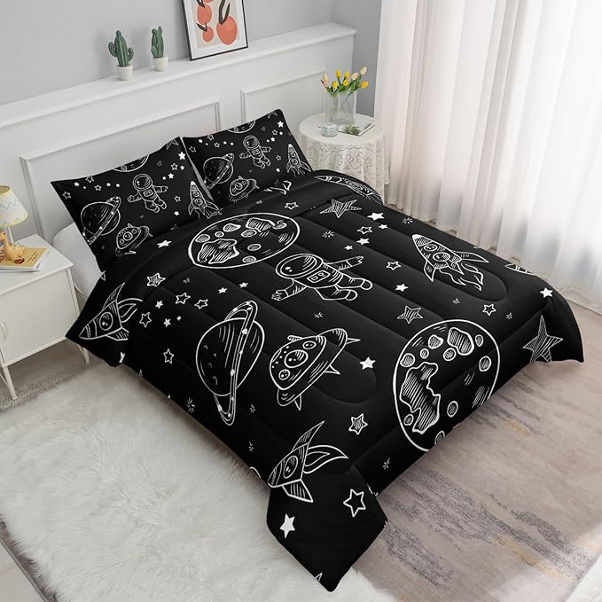 Datura home Kids Space Astronaut Comforter Set for Boys Kids Children,Galaxy Space Ship Astronaut Rocket Printed Bedding Set with 1 Comforter and 2 Pillowcases(Space Galaxy Full), Full 80x90inches