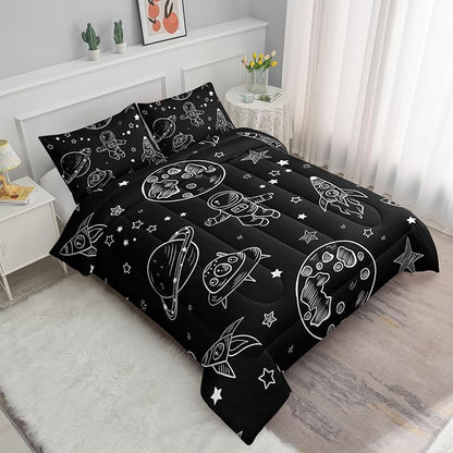 Datura home Kids Space Astronaut Comforter Set for Boys Kids Children,Galaxy Space Ship Astronaut Rocket Printed Bedding Set with 1 Comforter & 2 Pillowcases(Space Galaxy Queen), Queen 90x90inches