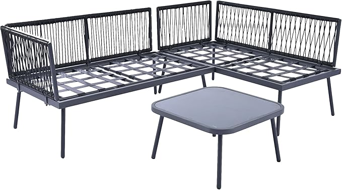 3-Piece Outdoor Patio Furniture PE Rattan Sofa Set, All Weather L-Shaped Sectional Couch with Removable Cushions and Glass Table, for Backyard Poolside Garden, Metal Frame, Onesize, Beige