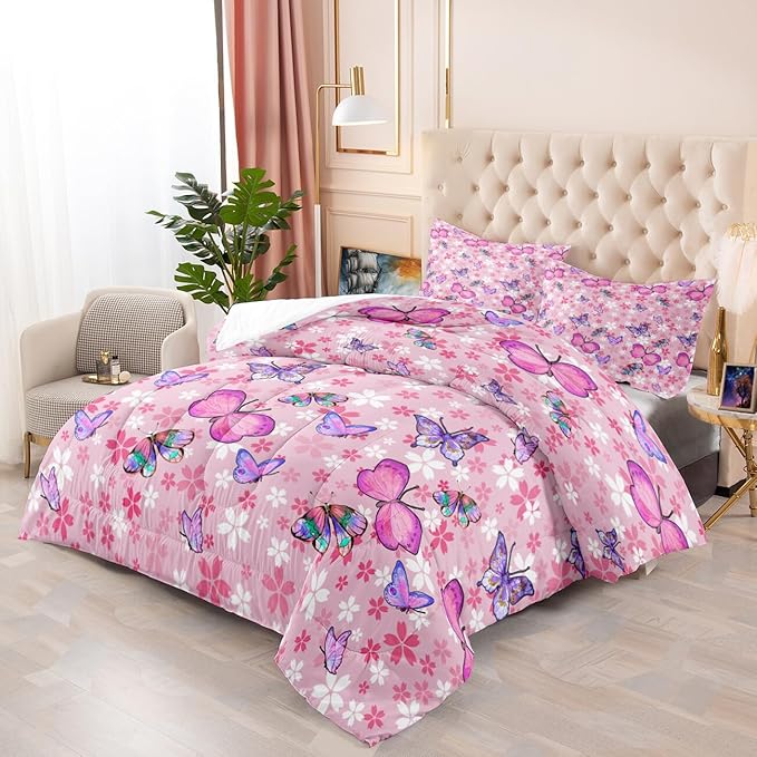 Kids Butterfly Comforter Set - Butterfly Full Bedding Set Pink Butterflies Prints Bedding Set for Girls Room Cute Princess Bedding Sets for All Season Butterfly Bed Set, 1 Comforter + 2 Pillowcases