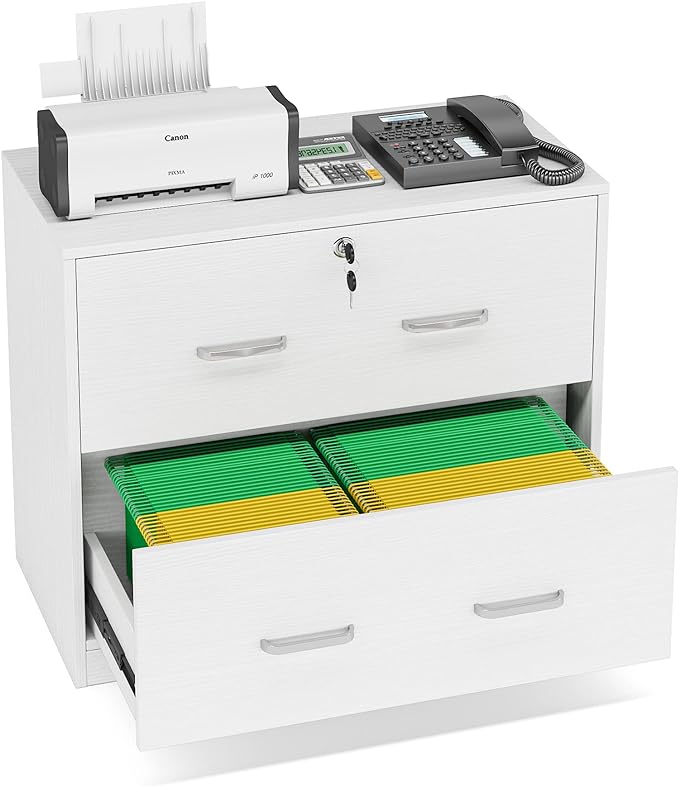 Lateral File Cabinet with 2 Drawers, 31.5 Inches Large Filing Cabinet for Hanging Letter/Legal/F4/A4 Size Files with Lock, Home Office, White
