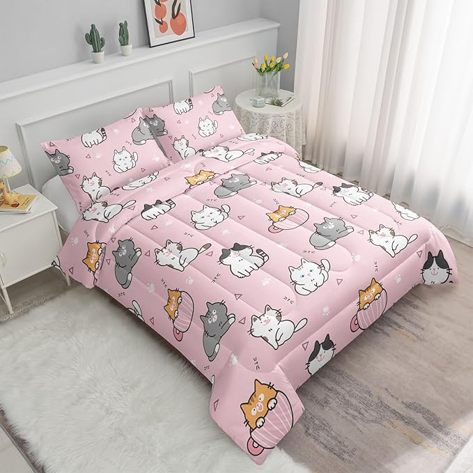 Datura home Pink Kawaii Cat Comforter Bedding Set for Girls Lovely Kitten Print Cute Animal Pattern with 1 & 2 Pillowcases Bedroom All Season(Cat Queen), Queen 90x90inches