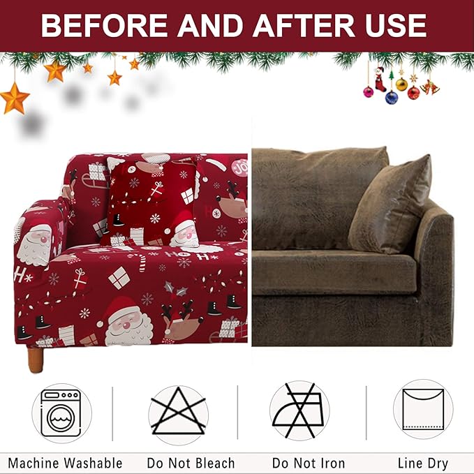 Mybedsoul Christmas Sofa Cover Santa Claus Printed Sofa Couch Cover Washable Furniture Protector with Elastic Bottom Xmas Home Room Festival Decoration(3 Seater)