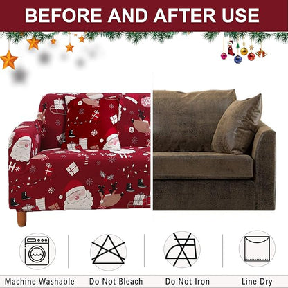 Mybedsoul Christmas Sofa Cover Santa Claus Printed Sofa Couch Cover Washable Furniture Protector with Elastic Bottom Xmas Home Room Festival Decoration(3 Seater)