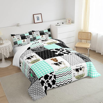 Cute Cow Print Comforter Set Twin Size Kawaii Highland Cow Bedding Set Bedroom Decor Honeycomb Plaid Pattern Geometric Stripes Down Comforter Cartoon Farm Animals Duvet Set, Green Black Grey