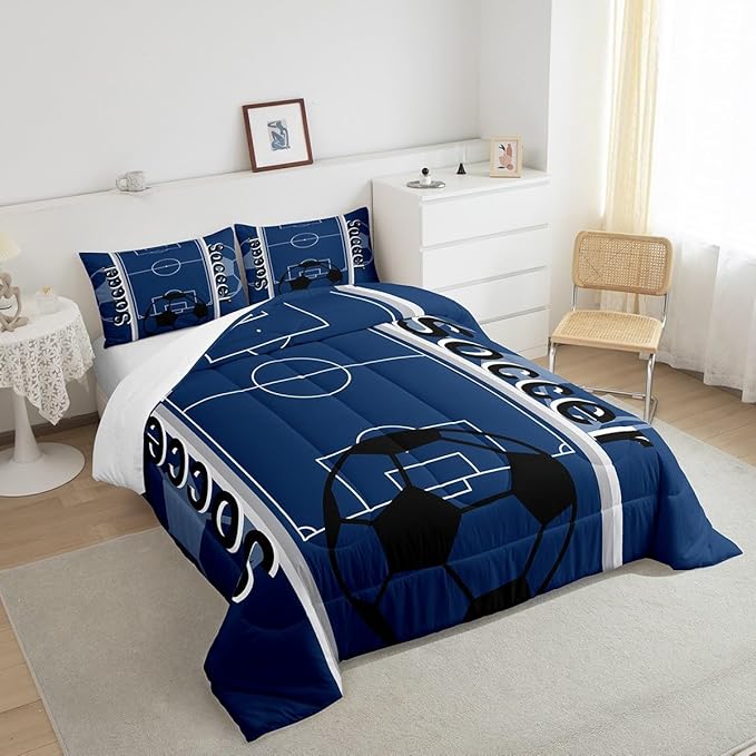 Feelyou Kids Soccer Ball Game Comforter Set Queen Size Rugby Sports Bedding Set for Boys Girls Teens Bedroom Decor Football Comforter Football Lover Duvet Set with 2 Pillow Case