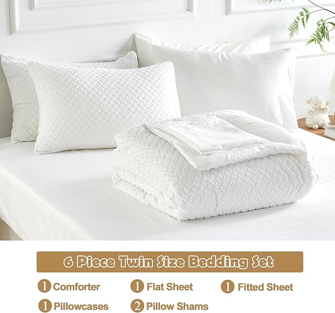 Twin Size Kids Comforter Set 6 Piece White Tufted Bedding Set for Boys Girls Jacquard Tufts Embroidery Bed in A Bag Quilt with 1 Comforter, 1 Flat Sheet, 1 Fitted Sheet, 1 Pillowcase and 2 Pillow Sham