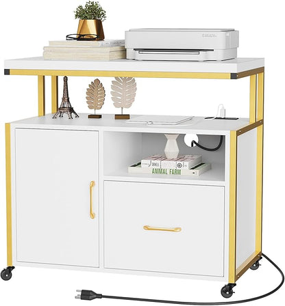 YITAHOME Wood File Cabinet with Charging Station, Rolling Filing Cabinet Cart with Door, Industrial Nightstand with Printer Shelf for Home Office, Bedroom, Living Room, Entryway, Gold and White