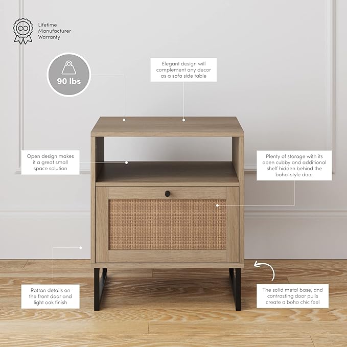 Nathan James Jacklyn Modern Home Office Writing Desk and Mina Rattan Wood End Side Accent Table Nightstand, Natural Brown and Oak/Black