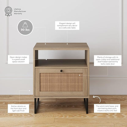 Nathan James Jacklyn Modern Home Office Writing Desk and Mina Rattan Wood End Side Accent Table Nightstand, Natural Brown and Oak/Black