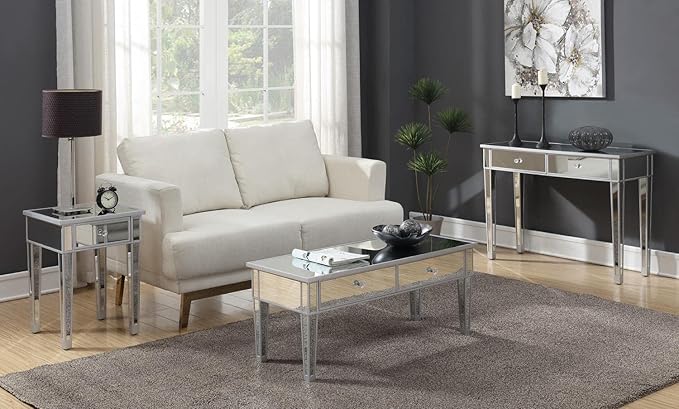 Convenience Concepts Gold Coast Desk 42" Console Table with 2 Drawers for Storage in Living Room, Office, Den, 42 x 15 x 30 inches, Silver/Mirror