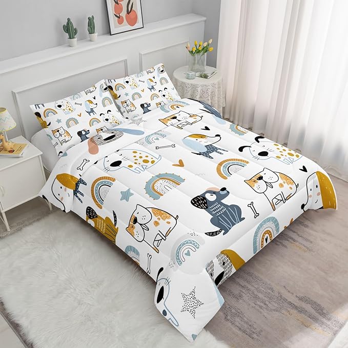 Datura home Kawaii Dogs Comforter Set Cute Dogs and Rainbow Printed Quilt Bedding Set with 1 Comforter and 2 Pillowcases for Boys and Girls Bedroom All Season(Dogs Queen)