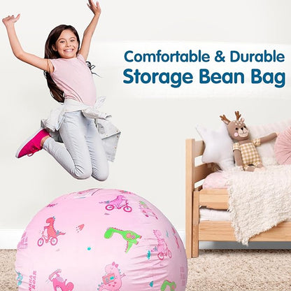 Lukeight Stuffed Animal Storage Bean Bag Chair Cover for Kids, Dinosaur Zipper Beanbag Chair Cover for Organizing Toddler & Kids' Rooms Plush Toys (Dino Pink, X-Large)