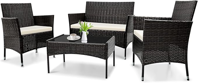 Patio Furniture, 4 Piece Conversation Set, Outdoor Wicker Rattan Table and Chairs, Sectional Sofa with Thick Cushion for Garden, Yard, or Porch, Dark Black
