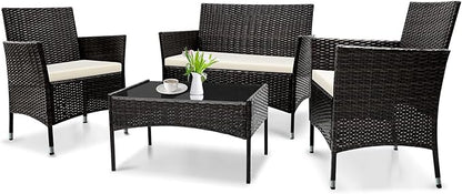 Patio Furniture, 4 Piece Conversation Set, Outdoor Wicker Rattan Table and Chairs, Sectional Sofa with Thick Cushion for Garden, Yard, or Porch, Dark Black