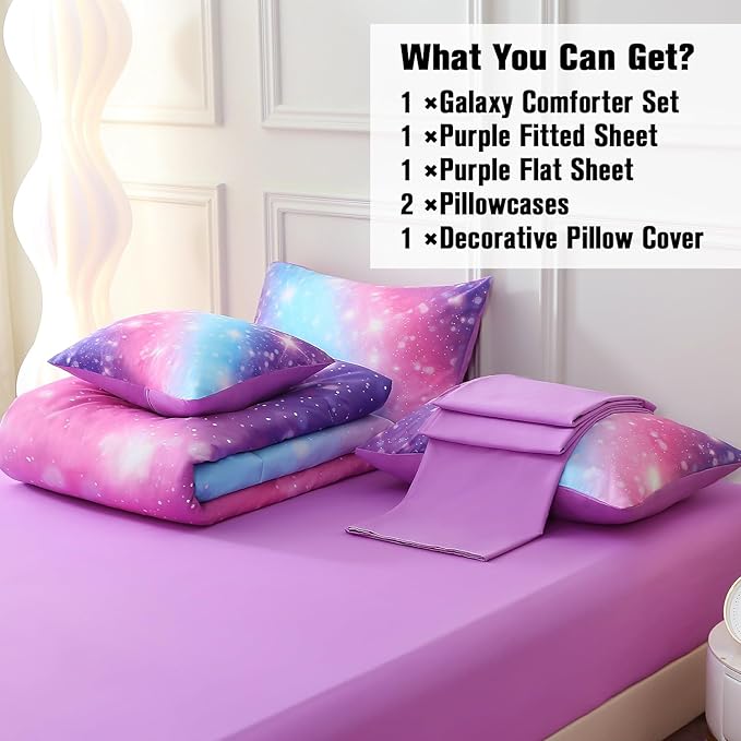JQinHome Glitter Bedding Set Queen Size,6 Piece Bed in A Bag 3D Colorful Rainbow Galaxy Comforter Set for Girls Kids-All Season Microfiber Tie-Dye Bedding Sets (Blue Purple)