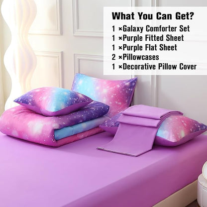 JQinHome Glitter Bedding Set Queen Size,6 Piece Bed in A Bag 3D Colorful Rainbow Galaxy Comforter Set for Girls Kids-All Season Microfiber Tie-Dye Bedding Sets (Blue Purple)