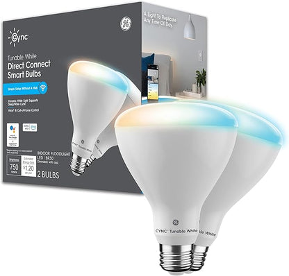 GE CYNC Smart LED Light Bulbs, Tunable White, Bluetooth and Wi-Fi, Works with Alexa and Google, BR30 Indoor Floodlights (2 Pack)