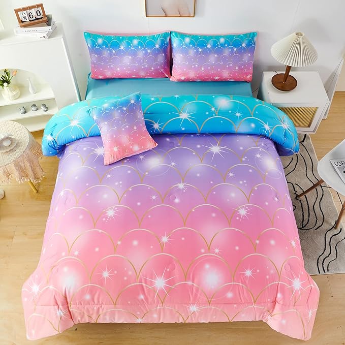 PERFEMET Pink Purple Mermaid Comforter Queen Size 6 Pieces Girls Bedding Set Colorful Rainbow Ombre Bed in A Bag Mermaid Scale Print Queen Comforter Set with Sheets