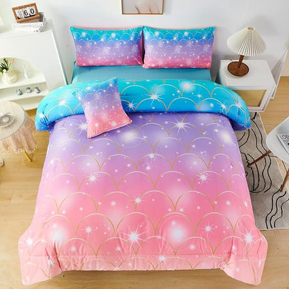PERFEMET Pink Purple Mermaid Comforter Queen Size 6 Pieces Girls Bedding Set Colorful Rainbow Ombre Bed in A Bag Mermaid Scale Print Queen Comforter Set with Sheets
