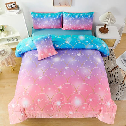 PERFEMET Mermaid Print Full Size Comforter Set for Girls, 6 Piece Colorful Tie Dye Teen Girl Bedding Set, Pink Purple Ombre Cute Bed in A Bag Comforter Set with Sheets