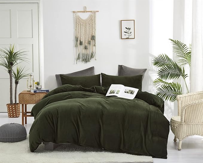 Dark Green Velvet Comforter Set Cal King Army Green Flannel Velvet Bedding Comforter Deep Green 3 PCs Shaggy Soft Warm and Durable Flannel Blanket California King Women Green Velvet Bedding
