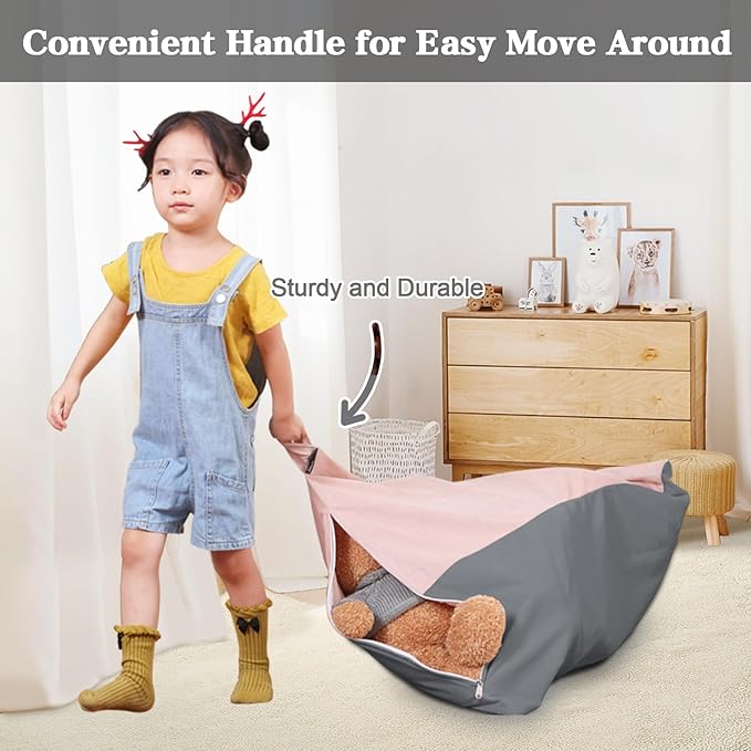 Stuffed Animal Storage Bean Bag Chair for Kids and Adults, Luxury Velvet Stuffed Animal Storage, Stuffie Seat - COVER ONLY(Pink & Dark Grey 200L/52 Gal)