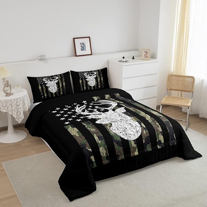 Camo Twin Bedding Set for Boys Army Green Camo American Flag Comforter Set,Teen Camouflage Deer Hunting Bedding Comforter Sets Rustic Farmhouse Woodland Animal Bedding Quilt Black White 1 Pillowcase
