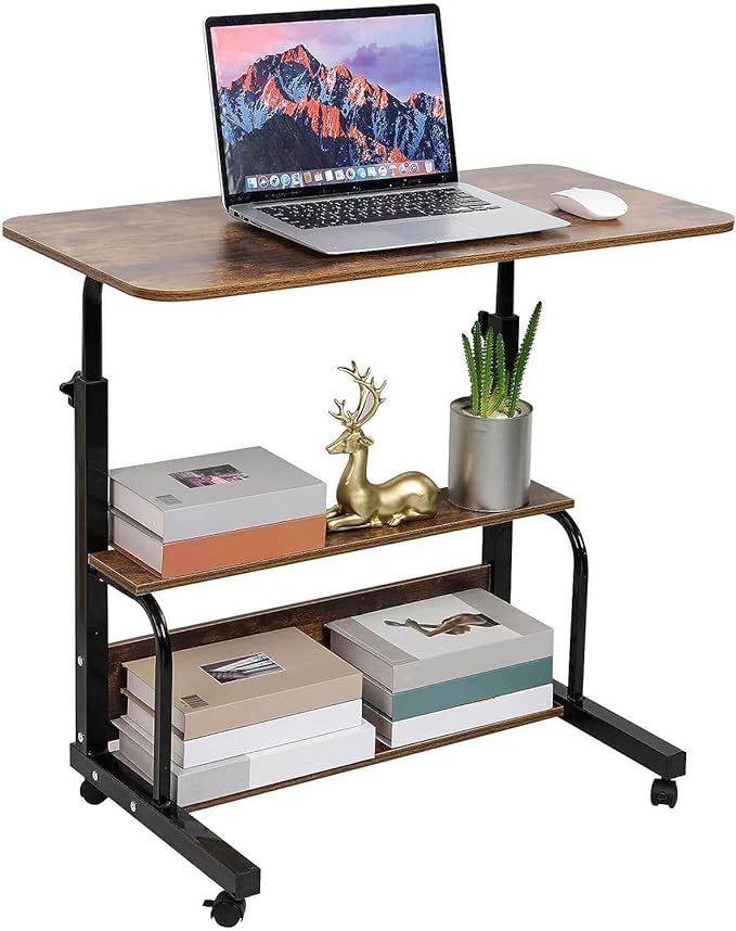 Adjustable Home Office Computer Desk Writing Desk with Storage Shelves Simple Style Workstation for Home Office Small Spaces Storage Table with Wheels Mobile Convenient Brownish, XY-1
