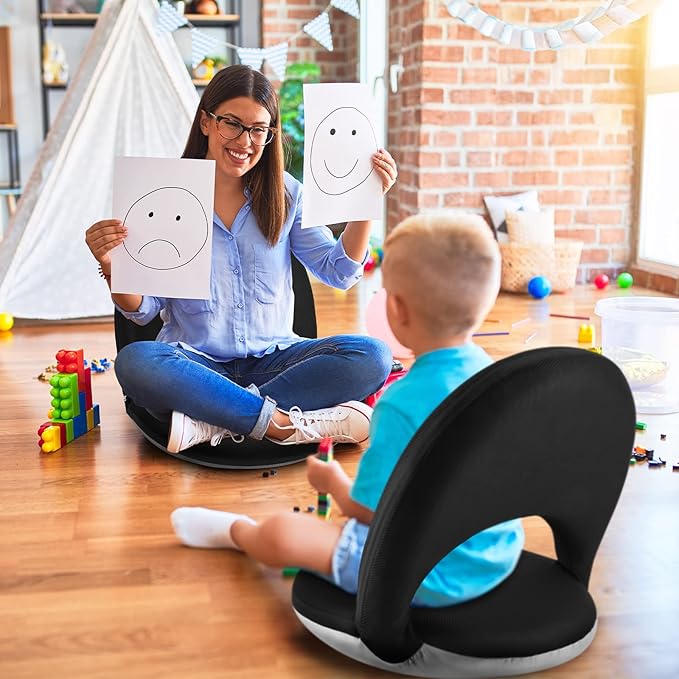 Nnewvante Floor Chair 42-position Adjustable Floor Seating for Kids Adults with Back Support Folding Floor Seat Cushioned Recliner Meditation Washable Chaise Lounges, Black