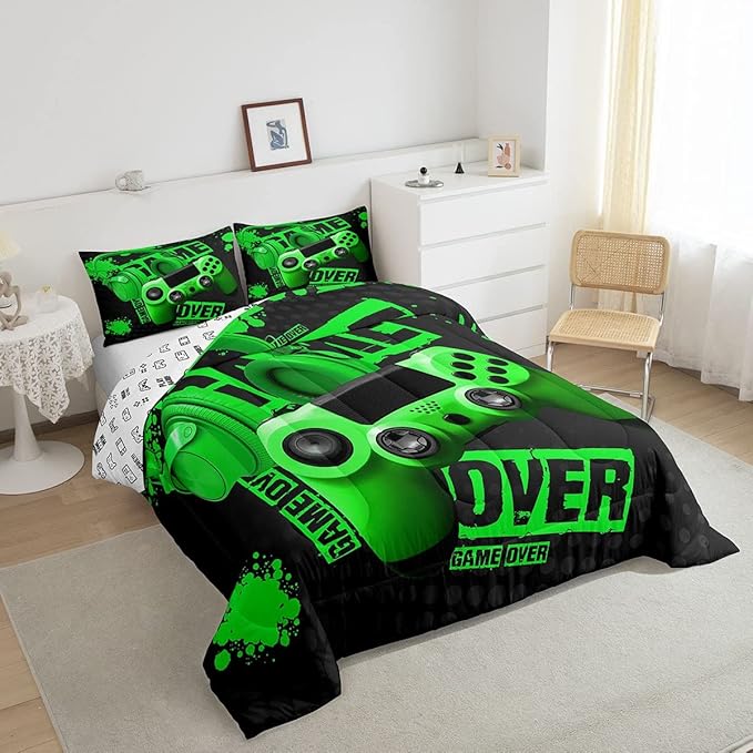 Gamer Comforter Sets for Boys Teens Gaming Comforter Twin Size Kids Youth Video Game Comforter Set Green Black Room Decor Headphone Gamepad Bedding Set Reversible Quilt Set for All Season 2Pcs