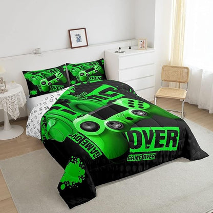 Gamer Comforter Sets for Boys Teens Gaming Comforter Twin Size Kids Youth Video Game Comforter Set Green Black Room Decor Headphone Gamepad Bedding Set Reversible Quilt Set for All Season 2Pcs
