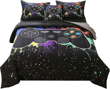 JQinHome Queen Gamer Comforter Sets for Boys&Girls,6 Piece Bed in A Bag 3D Video Game Bedding -All Season Microfiber Gamer Bedding Sets for Kids, with Pillowcase, Flat & Fitted Sheet,Cushion Cover