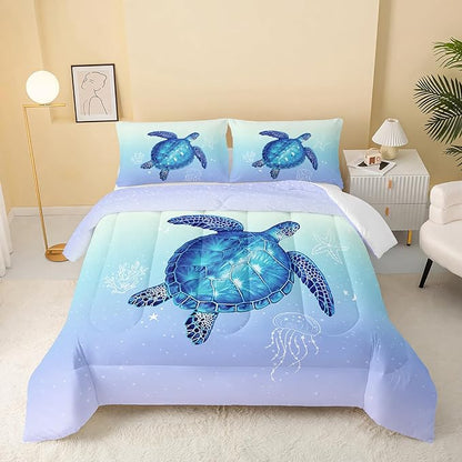 Turtle Comforter Twin Size,Ocean Comforter Set for Kids Teens Girls Boys,3Pcs Bedding Set Printed Comforter with 2 Pillowcases,Down Alternative,Soft and Lightweight(Blue，Twin Size)