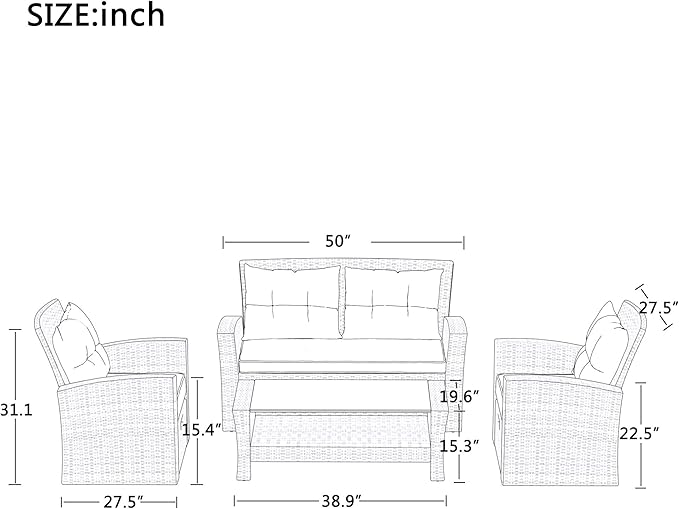 4-Piece Outdoor Patio Furniture Sets, All Weather Wicker Sectional Sofa Loveseat with Ottoman, Soft Cushions&Glass Table w/Shelf, Conversation Couch for Garden Backyard Poolside Deck, Gray
