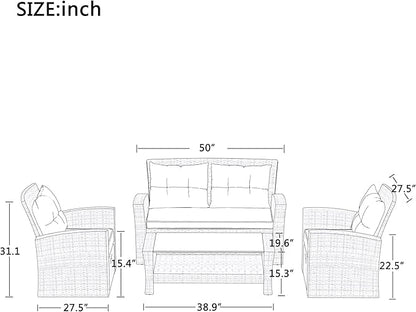 4-Piece Outdoor Patio Furniture Sets, All Weather Wicker Sectional Sofa Loveseat with Ottoman, Soft Cushions&Glass Table w/Shelf, Conversation Couch for Garden Backyard Poolside Deck, Gray