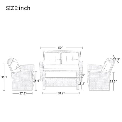 Set, 4 Piece Outdoor Wicker Rattan Sectional Sofa with Glass Table, Ottoman and Soft Cushions, Front Porch Apartment Patio Furniture for Backyard Lawn Garden, Onesize, E-Gray-e