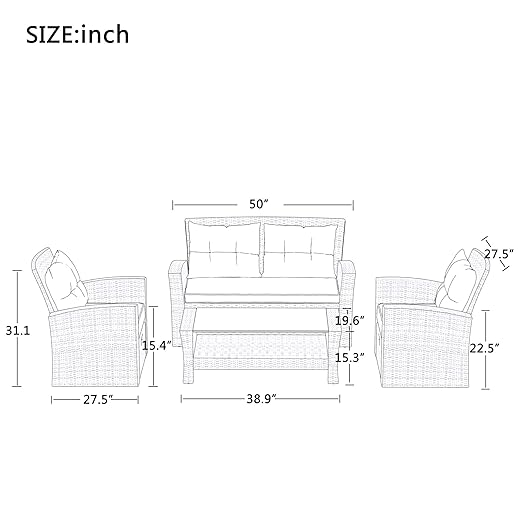 Set, 4 Piece Outdoor Wicker Rattan Sectional Sofa with Glass Table, Ottoman and Soft Cushions, Front Porch Apartment Patio Furniture for Backyard Lawn Garden, E-Beige b