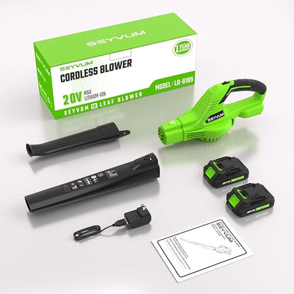 SEYVUM Leaf Blower, 20V Cordless Leaf Blower with 2 Pcs Battery, Electric Leaf Blower for Lawn Care, 320CFM 150MPH Battery Powered Leaf Blower, for Patio, Garden Cleaning, Fast Charger Included, Green