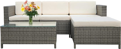 5 Piece Outdoor Patio Sectional Furniture Set, Weather Resistant Rattan Outside Couch, Waterproof Conversation Sofa for Balcony, Porch, Backyard, Deck, Garden,Beige
