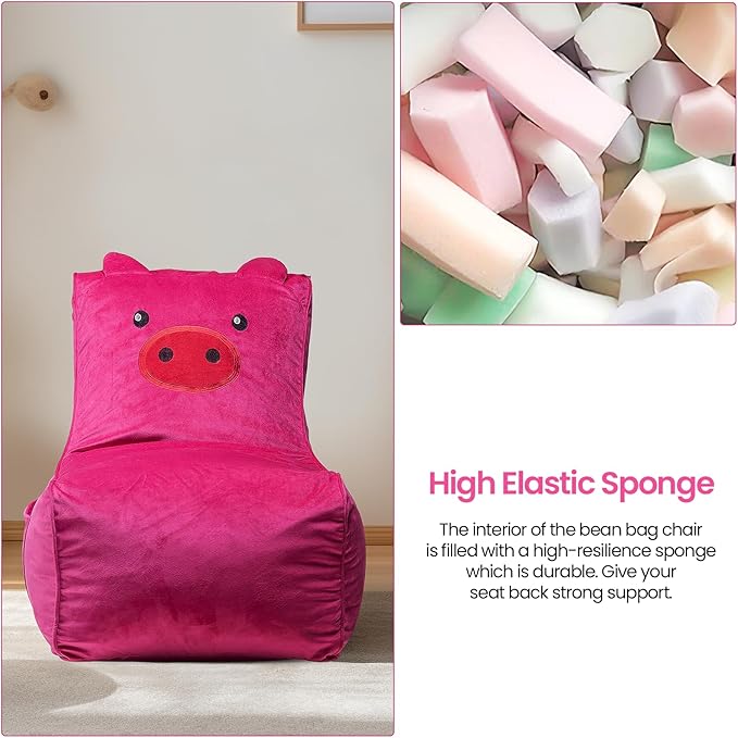 Bean Bag Chair for Kids, Cute Pig L-Shape Animal Bean Bag Sofa with Top Handles and Side Pockets, Cute Soft and Comfy Bean Bag Chair with Filler Included, Ages 1+ Children's Day Gifts