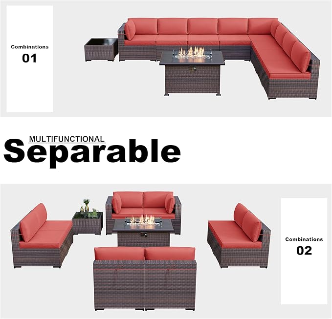 Kullavik 10 Pieces Outdoor Patio Furniture Set with 43" Gas Propane Fire Pit Table PE Wicker Rattan Sectional Sofa Patio Conversation Sets,Red
