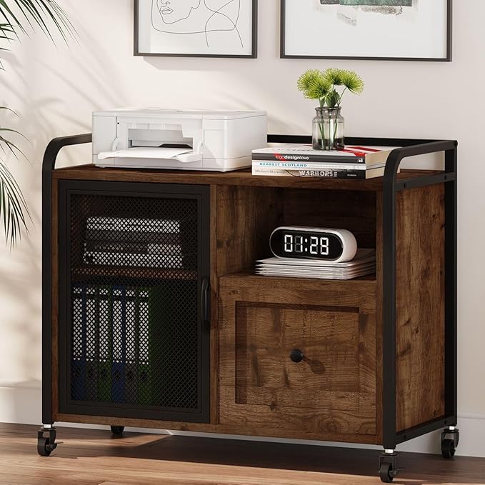 BON AUGURE Filing Cabinet for Home Office, Rolling Lateral File Cabinet with Storage, Wood Metal Printer Stand with Drawer (Rustic Oak)