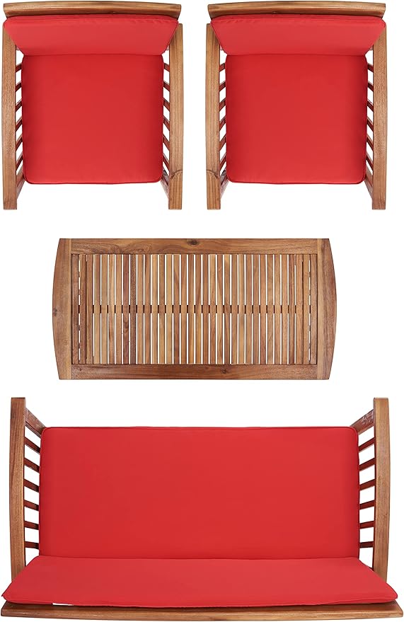 SAFAVIEH Outdoor Collection Rocklin Natural/ Red Cushion 4-Piece Conversation Patio Set