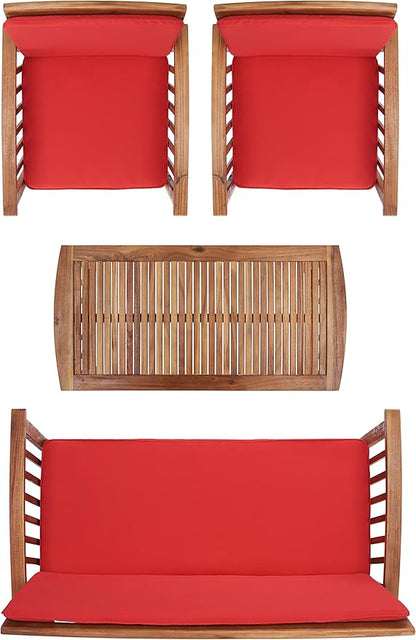 SAFAVIEH Outdoor Collection Rocklin Natural/ Red Cushion 4-Piece Conversation Patio Set