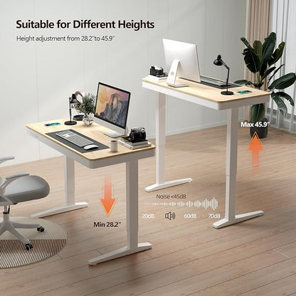 Standing Desk with Drawer and Wireless Charging,48x24 inch Dual Motor Standing Desk, Sit Stand Desk with Whole-Piece Desktop,Stand Up Desk for Home Office(White Oval Legs + Bamboo Top)