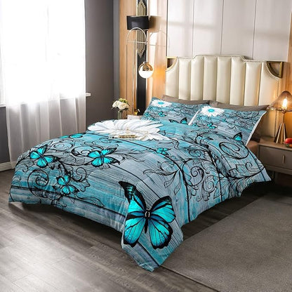 Butterfly Bedding Sets for Girls Teens Women Bedroom Rustic Flower Comforter Set King Size,Blue Butterflies White Chic Floral Duvet Set Retro Vintage Romantic Style Quilt Set Soft Lightweight